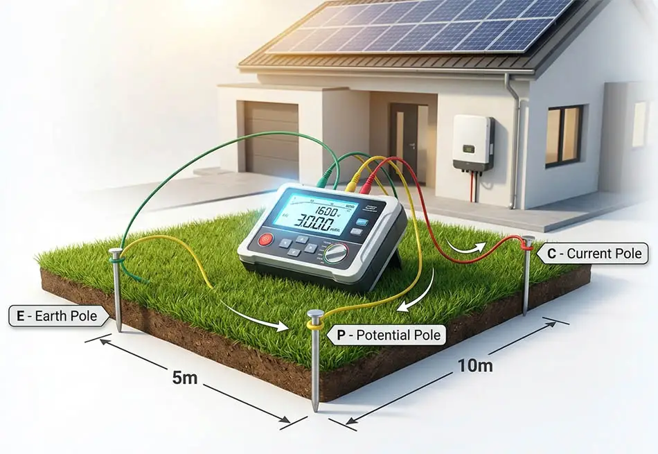 Sơ đồ 3 cực hướng dẫn cách đo điện trở đất chuẩn kỹ thuật cho hệ thống điện mặt trời gia đình