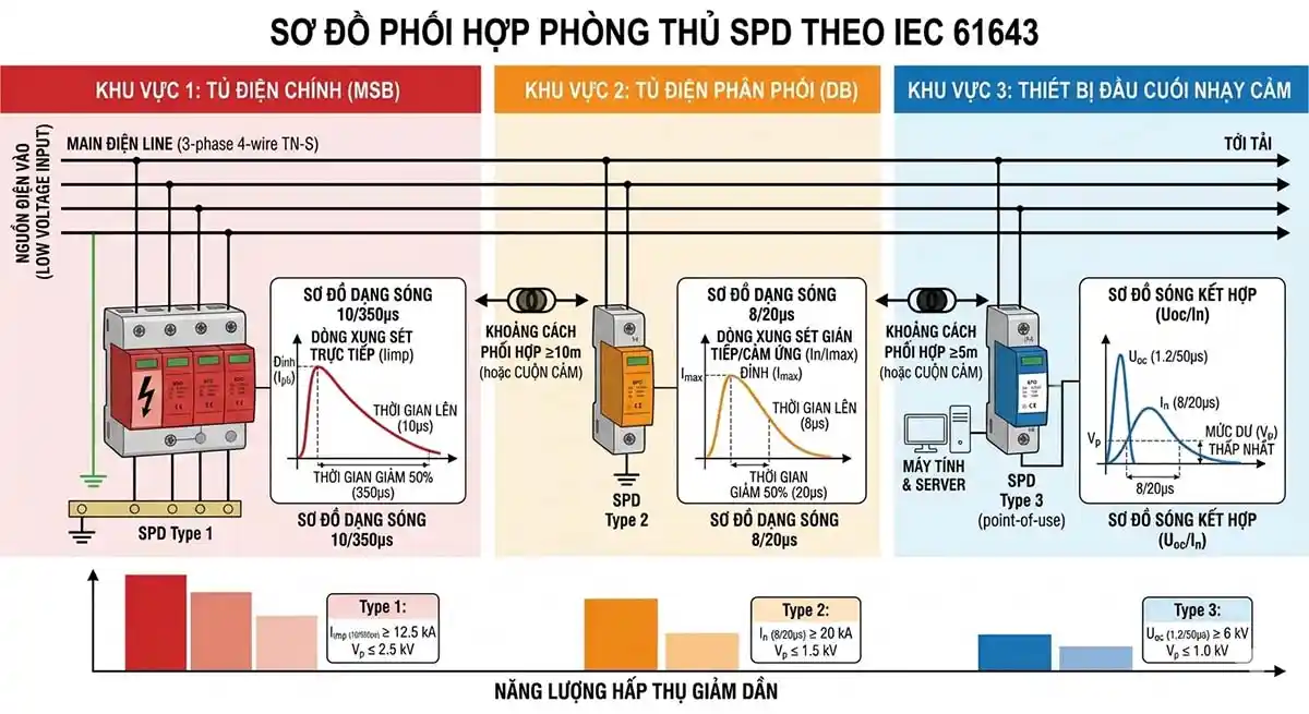 Sơ đồ phối hợp phòng thủ SPD theo IEC 61643 minh họa sự phối hợp tầng nấc của các thiết bị chống sét Type 1, 2, 3 và các dạng sóng xung sét 10/350µs, 8/20µs trong hệ thống điện hạ thế