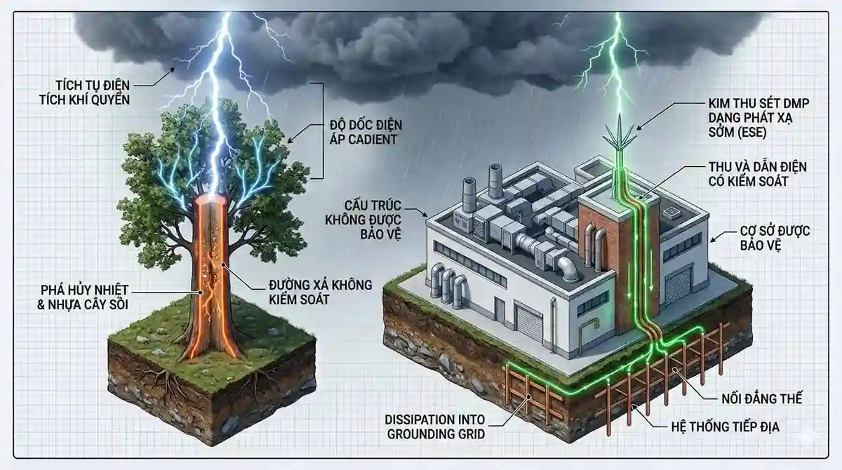 Tại Sao Sét Đánh Vào Cây Cao? Giải Thích & Cách Phòng Tránh 1 Tại sao sét đánh vào cây cao? Giải thích cơ chế vật lý, dấu hiệu nhận biết và giải pháp chống sét an toàn từ chuyên gia DMP. Xem ngay!