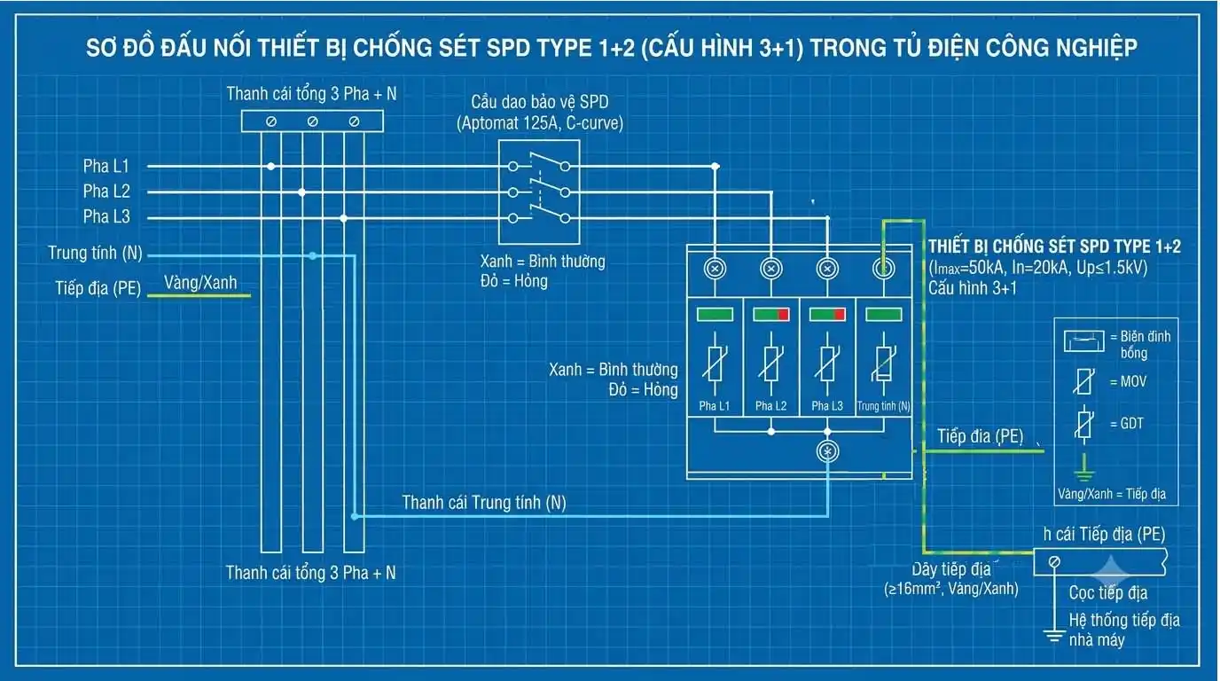 Bộ Cắt Sét LPI Cho Tủ Điện Nhà Máy: Tiêu Chuẩn, Đấu Nối & Báo Giá DMP 4 so do dau noi thiet bi chong set SPD