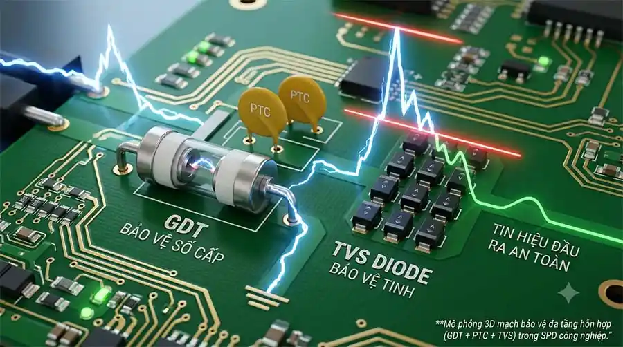 Cau tao mach cat set da cap GDT PTC va TVS Diode cua SPD tin hieu