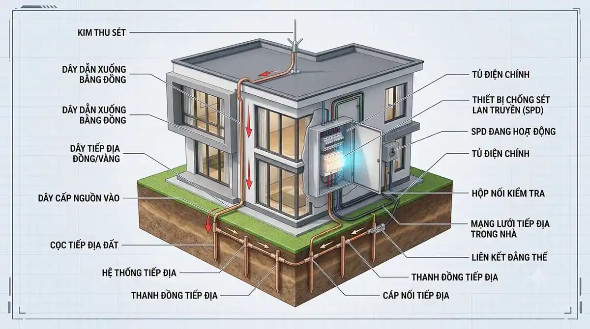 Chống Sét Nhà Dân Loại Nào Phù Hợp Nhất 2026? 1 Chi tiet 2 he thong chong set nha dan co ban khong the thieu