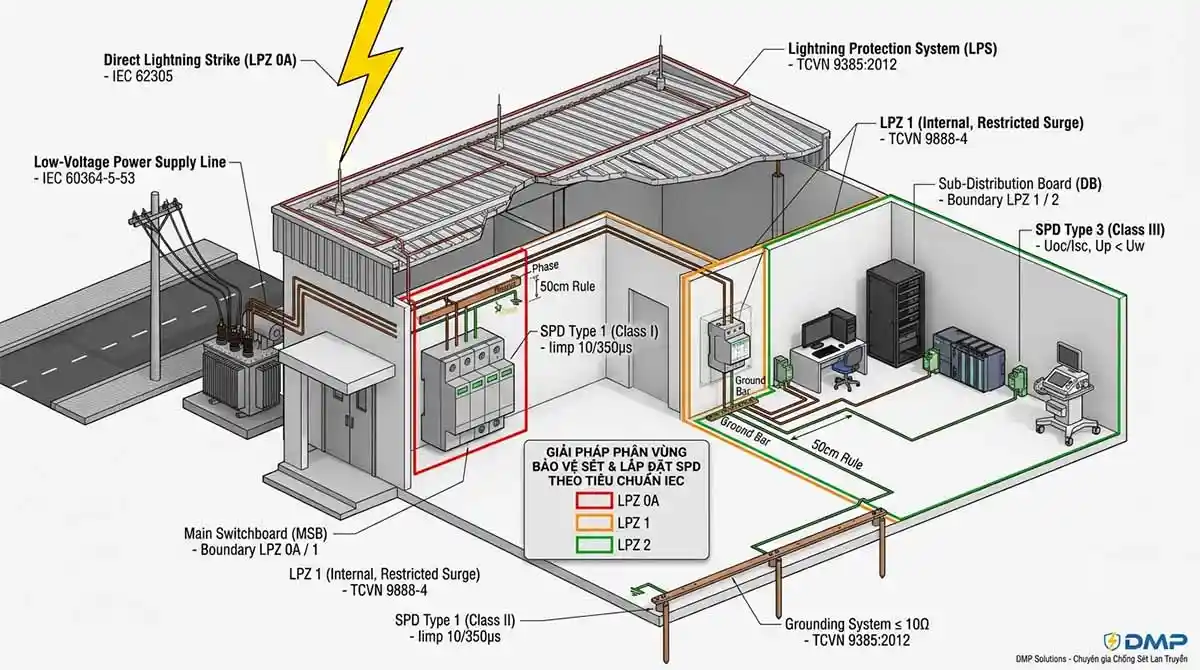 Chống sét lan truyền theo tiêu chuẩn nào? Quy Chuẩn IEC & TCVN 3 Quy tac phan vung bao ve LPZ SPD