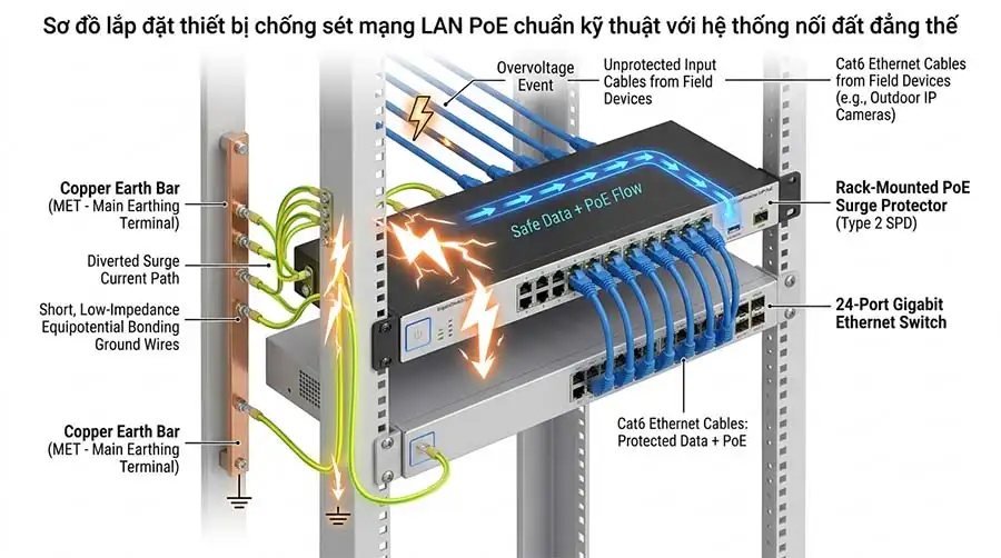 Chống Sét Switch PoE: Cách Chọn & Lắp Đúng Kỹ Thuật 2 So do lap dat thiet bi chong set mang LAN PoE chuan ky thuat voi he thong noi dat dang the
