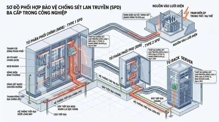 Hướng Dẫn Phối Hợp SPD Type 1, Type 2, Type 3 Chuẩn IEC 1 So do phoi hop SPD Type 1 Type 2 va Type 3 trong tu dien phan phoi nha may