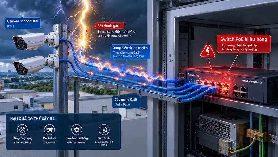 Chống Sét Switch PoE: Cách Chọn & Lắp Đúng Kỹ Thuật 1 hien tuong xung set lan truyen qua cap mang di vao Switch PoE gay hu hong thiet bi